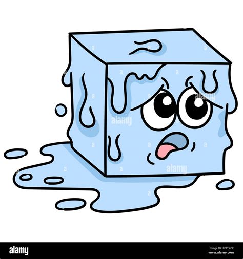 a block of ice melting with a cartoon face was scared and hot, doodle ...