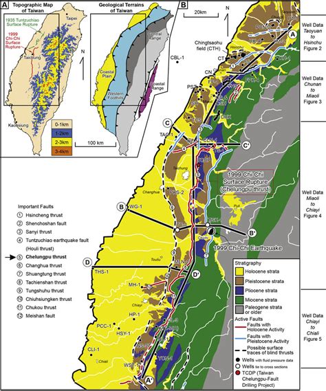 (A) Topographic map and geological terrains of Taiwan. (B) Geologic map... | Download Scientific ...