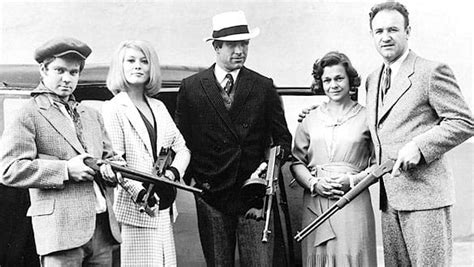 The cast of 'Bonnie and Clyde' - 1967: (l-to-r) Michael J. Pollard (C W Moss), Faye Dunaway ...