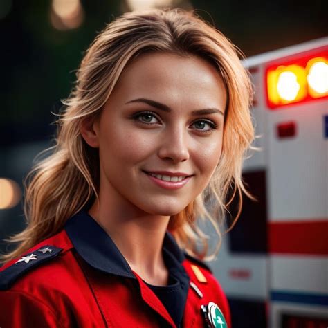 Premium Photo | Woman paramedic next to ambulance smiling