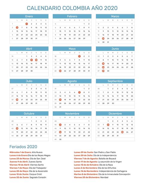 Calendario de Días Festivos en Colombia