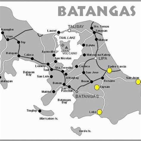 Map of Batangas showing towns surveyed (with yellow dots). | Download ...