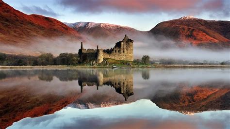 Reflection of Kilchurn Castle in Loch Awe, Highlands, Scotland - backiee