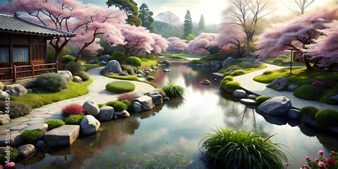 Tranquil Japanese Garden With Cherry Blossoms & Koi Ponds in Spring ...