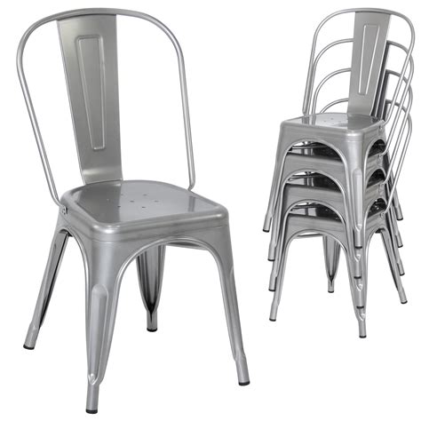 Set of 4 Stacking Metal Industrial Style Dining Chairs - Silver | eBay