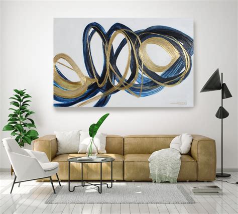 Deep Blue and Gold Circles.modern Wall Art Abstract Gold Blue Canvas Print Large Wall Art Large ...