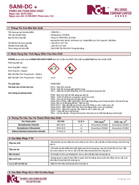 MSDS SANI DC+ Safety Data Sheet (SDS) - 31.08.21 VN | PDF