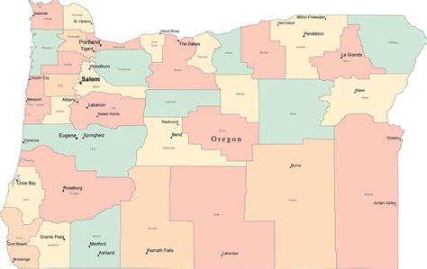 Multi Color Oregon Map with Counties, Capitals, and Major Cities