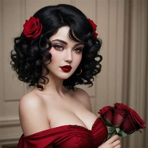 woman with curly black hair, red lips, Red dress, r...