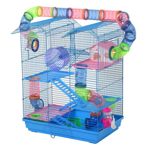 Pawhut 5 Tiers Hamster Cage Animal Travel Carrier with Exercise Wheels, Tube Water Bottles, and ...