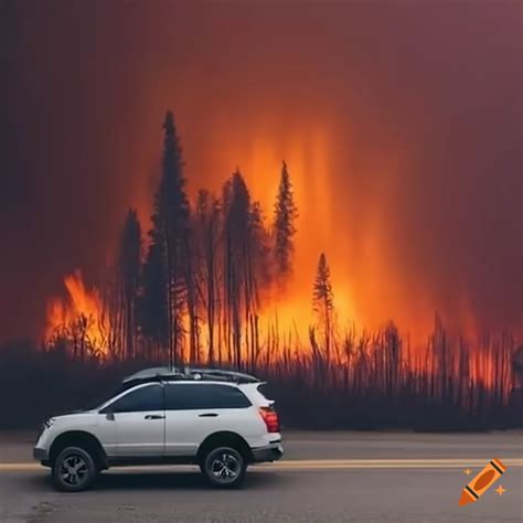 Family car escaping a wildfire