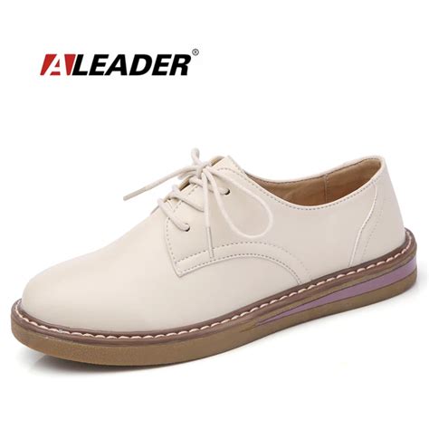 ALEADER Fashion Women Oxfords Lace Up Women Dress Shoes Cute Ladies White Flats Slip Resistant ...