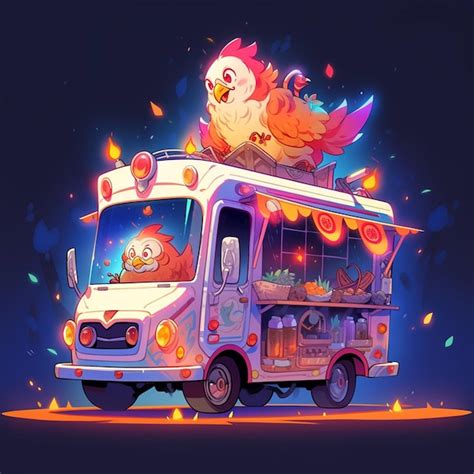 Premium Photo | A cartoon drawing of a chicken on a bus with a bird on the top.