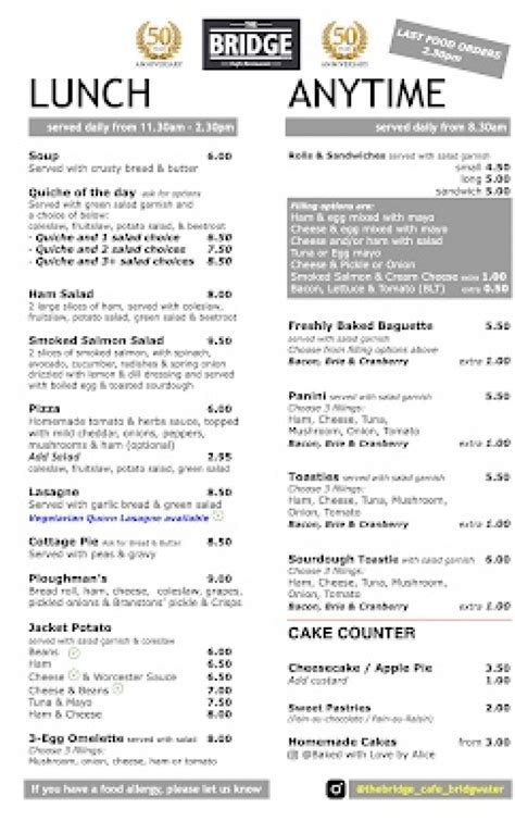 The Bridge Restaurant Bridgwater's full menu online