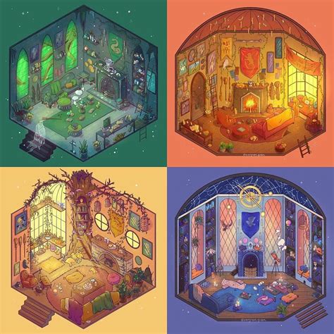 HARRY POTTER on Instagram: “Hogwarts houses common rooms! 🐍🦁🦡🦅 Which house design is your favo ...