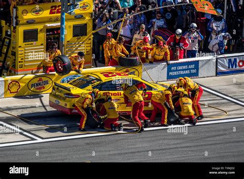 Joey Logano pits early in the Daytona 500 on February 26, 2017 in Daytona, Florida. Photo by ...