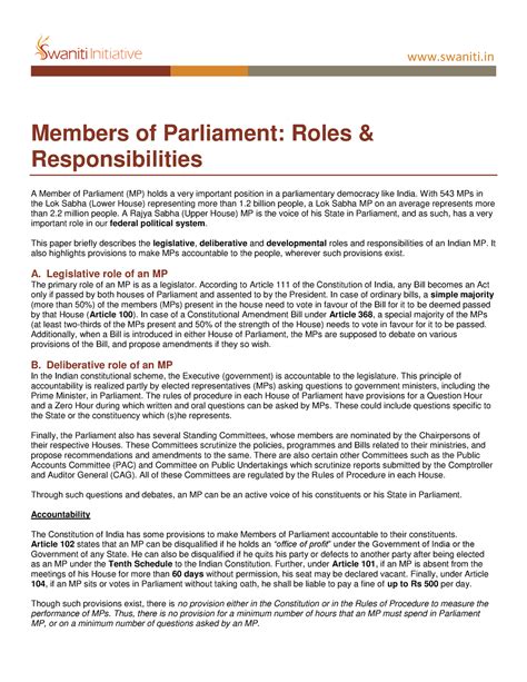 Role of an MP Mplads - polity - swaniti Members of Parliament: Roles & Responsibilities A Member ...