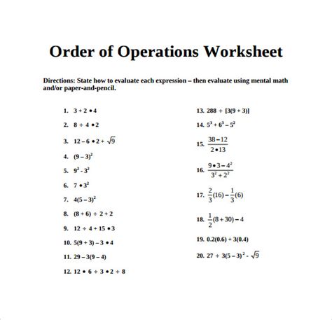 Order Of Operations Worksheet