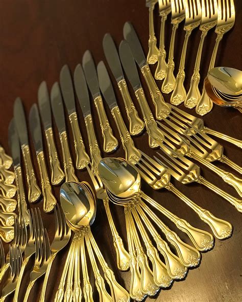 Gold Flatware set for 12, 60 piece Gold Electroplate Flatware, scroll ...