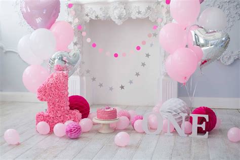 Pink Balloons And Fireplace For Baby 1 Birthday Photo Backdrop – Shopbackdrop