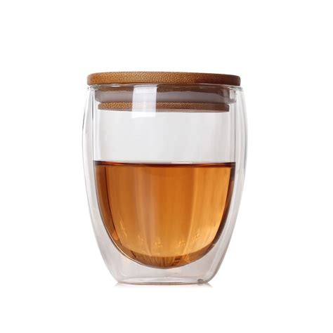 Heat resistant Double Wall Glass Coffee Tea Beer Cup Mug With Wood Lid ...