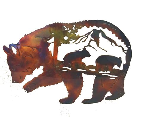 Bear With Cubs Indoor Outdoor Metal Wildlife Wall Art