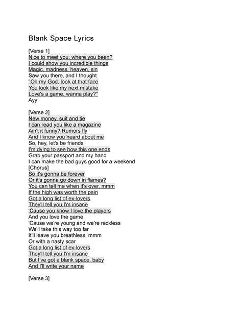 Blank Space - Taylor Swift - Blank Space Lyrics [Verse 1] Nice to meet ...