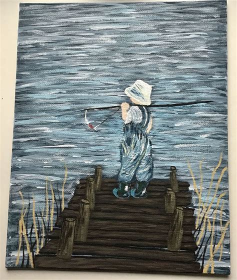 Little boy fishing | Acrylic painting, Boy fishing, Canvas