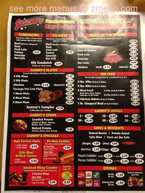 Online Menu of Sammys Smokehouse Bbq Restaurant, Shreveport, Louisiana, 71129 - Zmenu