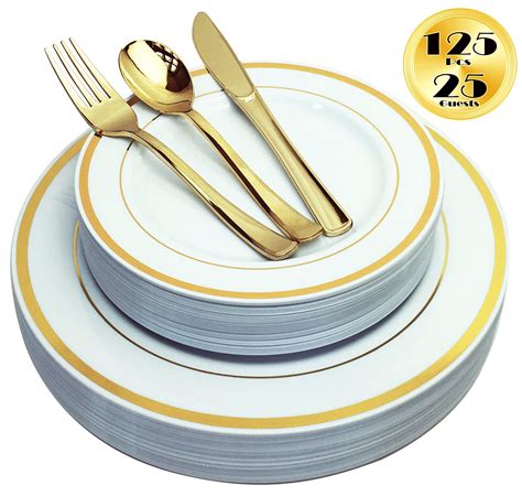 JL Prime 125 Piece Gold Plastic Plates & Cutlery Set, Heavy Duty ...