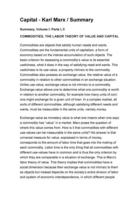 Capital -Summary - Capital - Karl Marx / Summary Summary, Volume I ...