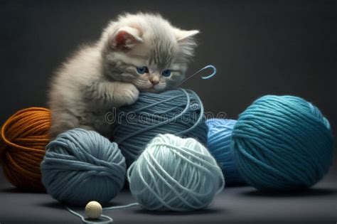 Cute and Fluffy Kitten Playing with Balls of Yarn , AI Generated Stock ...