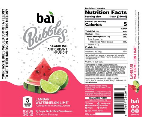 Bai Bubbles Sparkling Water Lambari Watermelon Lime Antioxidant Infused Drinks 11.5 Fluid Ounce ...