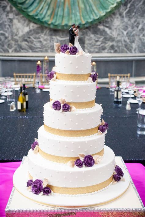 Five-Tier White, Gold and Purple Wedding Cake