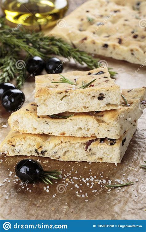 Italian Focaccia Bread with Olives and Rosemary Stock Photo - Image of ...