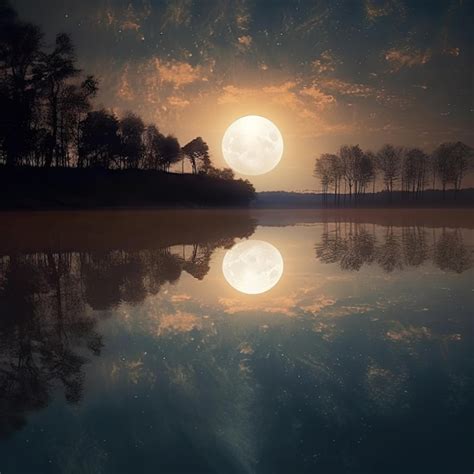 Premium AI Image | Illustration of a night view on a lake with a full moon