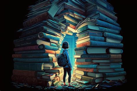 Premium AI Image | A Girl and many books Symbol of knowledge AI Generated