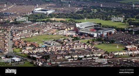 aerial view of Liverpool FC Anfield Stadium & Everton FC Goodison Park ...