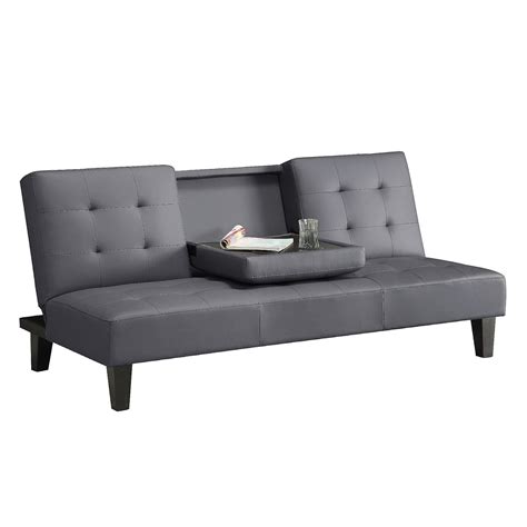 Faux Leather Futon Convertible Sofa Bed Sleeper w Cup Holder - Futons, Frames & Covers