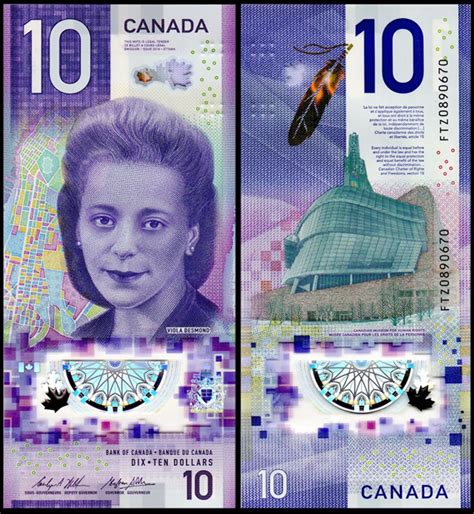 Canada 10 Dollars Banknote, 2018. It is colored in purple and white, in ...