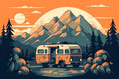 Premium AI Image | Drawing of a caravan stopped on the road to the mountains