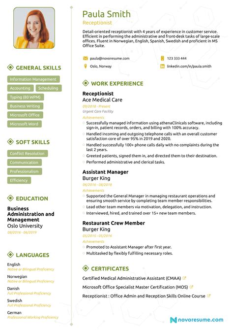 Receptionist Resume Sample for 2024 [Job Description, Skills & Tips]