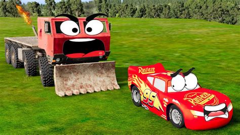 Angry Red Snow Plow Truck vs Lightning McQueen - Tow Mater Places Bollard on Road - BeamNG.Drive ...