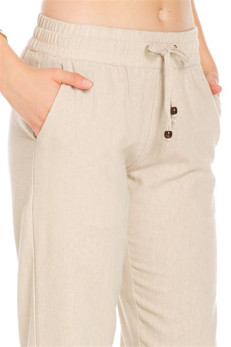 Poplooks Women's Comfy Drawstring Linen Pants Long with Band Waist (Natural)