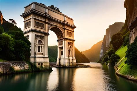 Premium AI Image | A bridge over a river at sunset