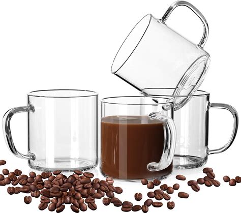 LUXU Glass Coffee Mugs Set of 4,Large Wide Mouth Mocha Hot Beverage Mugs(14oz),Clear Espresso ...