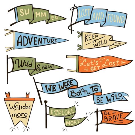 Premium Vector | Set of adventure outdoors camping pennants retro monochrome labels hand drawn ...