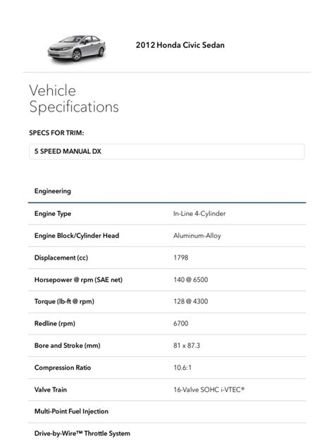 Vehicle Specifications - 2012 Honda Civic Sedan - Honda Owners Site ...