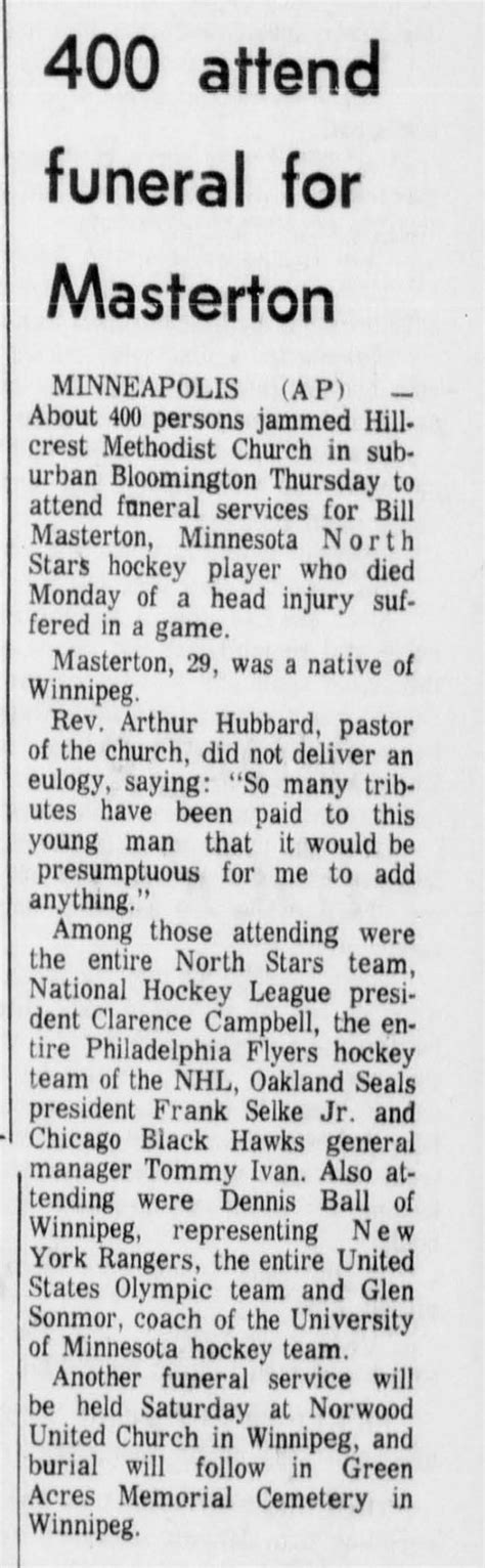 The Death of Bill Masterton | Manitoba Hockey Hall of Fame