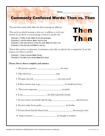 Then vs. Than Worksheet | Easily Confused Words